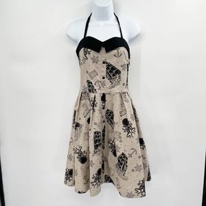Sourpuss Walk the Plank Halter Dress Taupe Size M Smocked Sleeveless Rockabilly